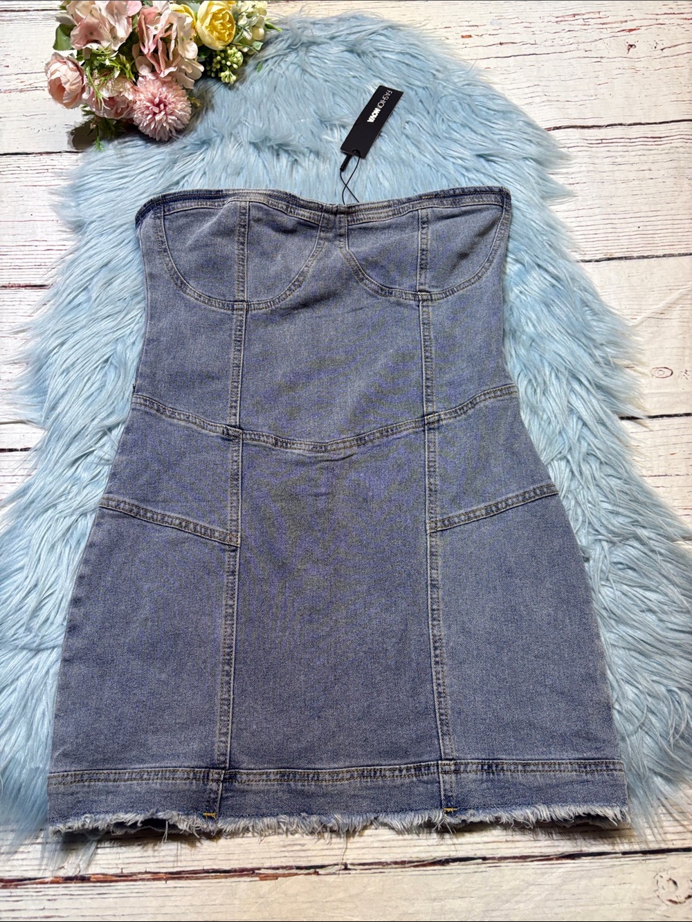Fashion Nova | Dresses | Nwt Fashion Nova Leena Strapless Denim Mini Dress In Light Blue Sz L
